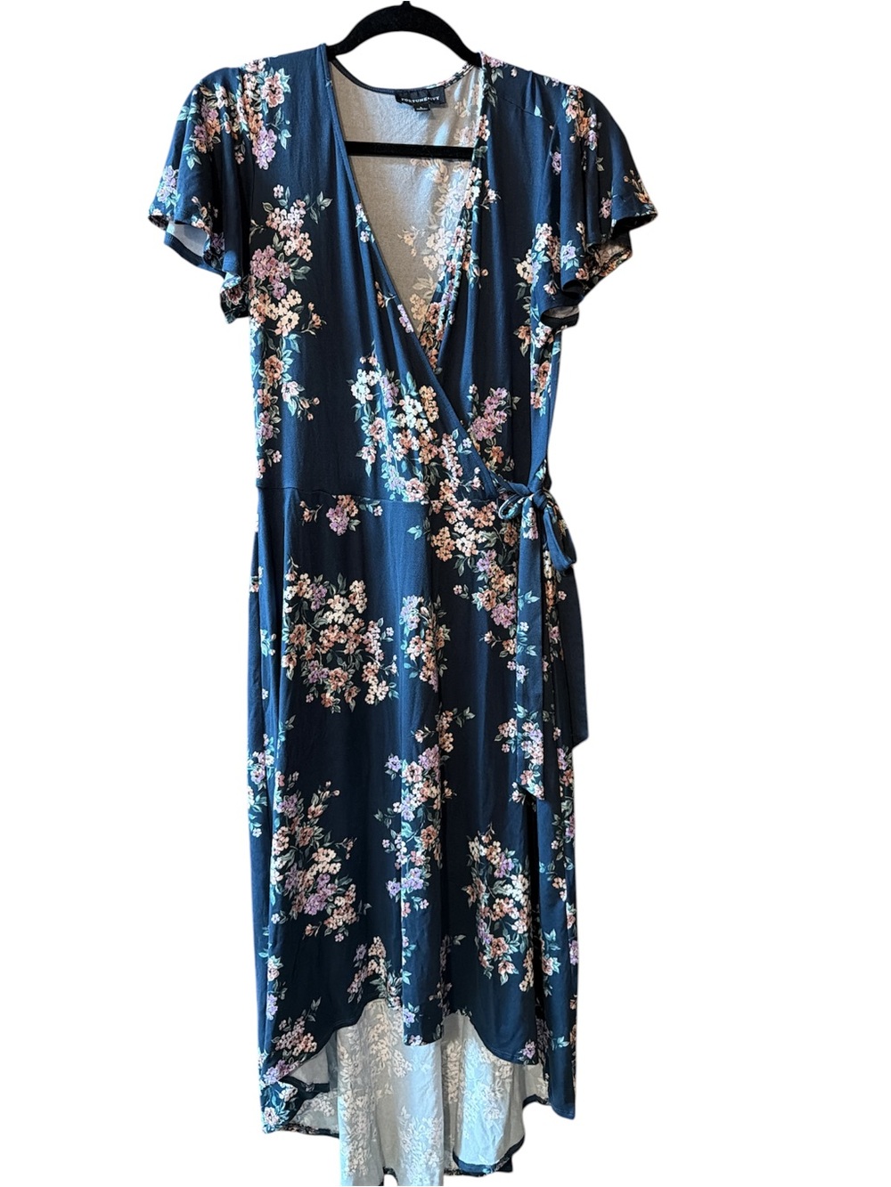 Floral Navy High-Low Wrap Dress with Short Flutter Sleeves